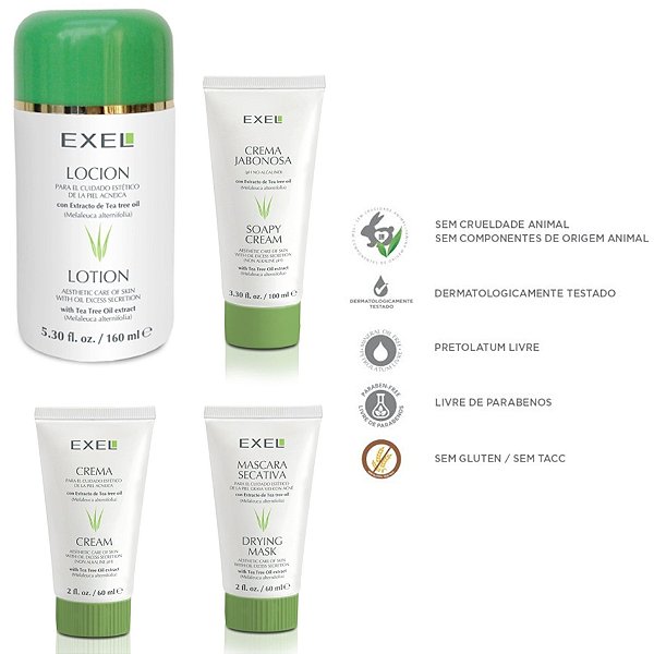 KIT EXEL - SABONETE CREME LIMPEZA FACIAL + MASCARA SECATIVA + LOÇÃO SECANTE + CREME PARA ACNE