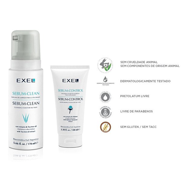 KIT EXEL PELE OLEOSA - SEBUM CLEAN ESPUMA LIMPEZA + SEBUM CONTROL EMULSÃO HUMECTO-NUTRITIVA