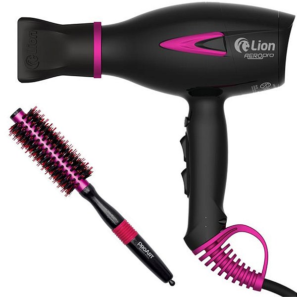 KIT - SECADOR PROF. LION AEROPRO LS07 2150W PINK 127V + ESCOVA PROART METALICA PRO ROSA 15MM - EPM04
