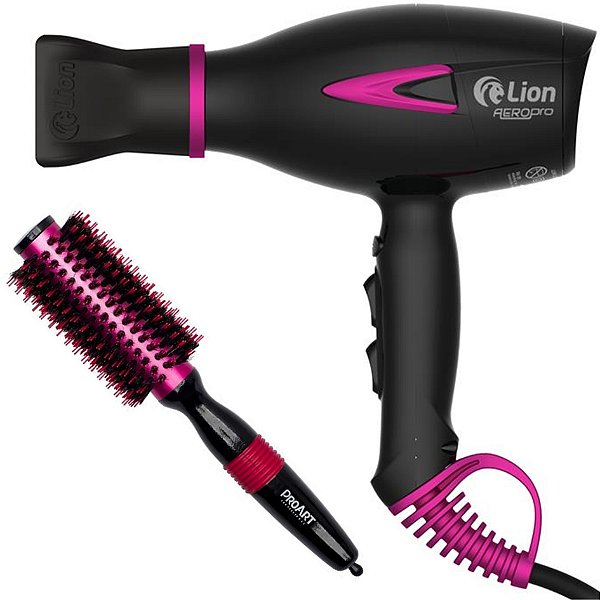 KIT - SECADOR PROF. LION AEROPRO LS07 2150W PINK 127V + ESCOVA PROART METALICA PRO ROSA 25MM - EPM05
