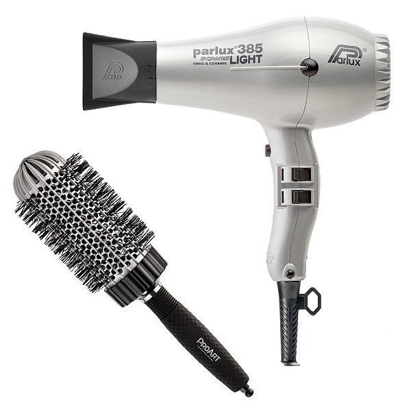 KIT - SECADOR PARLUX 385 POWER LIGHT PRATA 2100W 127V + PROART ESCOVA VENT PRO PRATA 50MM - EPT03B