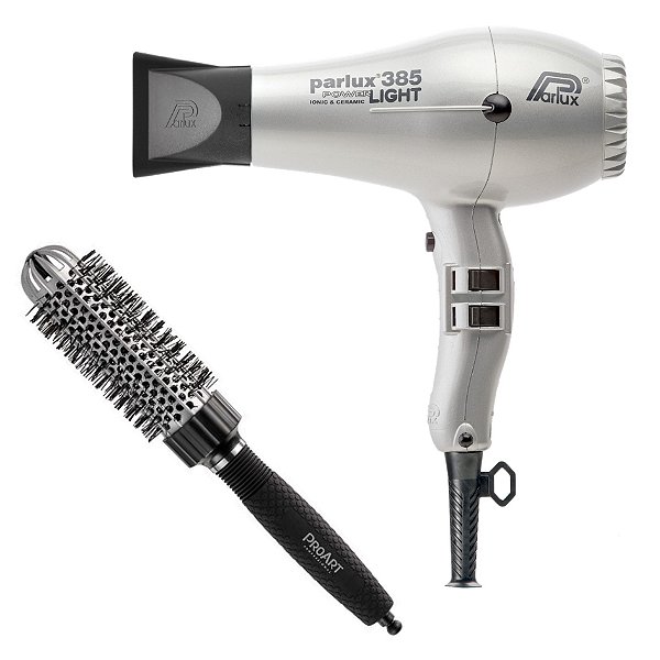 KIT - SECADOR PARLUX 385 POWER LIGHT PRATA 2150W 220V + PROART ESCOVA VENT PRO PRATA 33MM - EPT02B