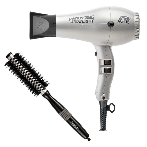 KIT - SECADOR PARLUX 385 POWER LIGHT PRATA 2150W 220V + PROART ESCOVA METALICA PRO PRATA 15MM EPM10B