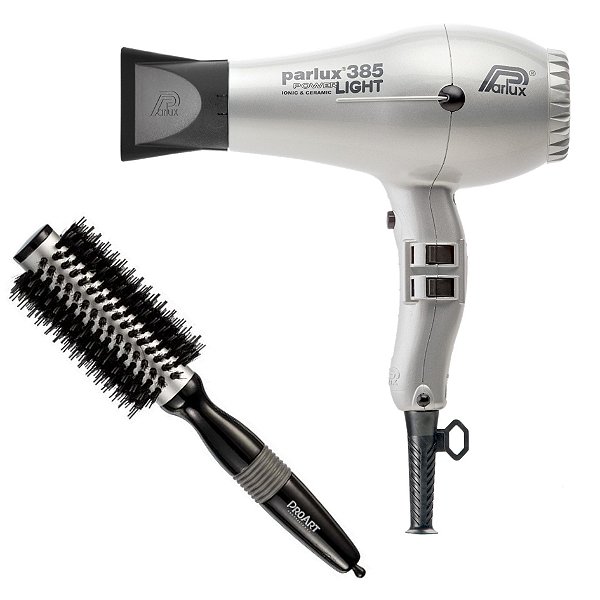KIT - SECADOR PARLUX 385 POWER LIGHT PRATA 2100W 127V + PROART ESCOVA METALICA PRO PRATA 25MM EPM11B
