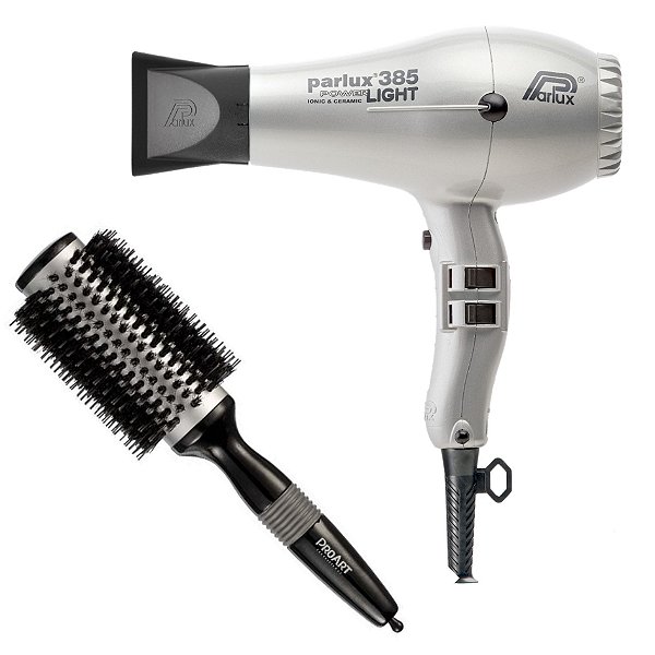 KIT - SECADOR PARLUX 385 POWER LIGHT PRATA 2150W 220V + PROART ESCOVA METALICA PRO PRATA 38MM EPM12B
