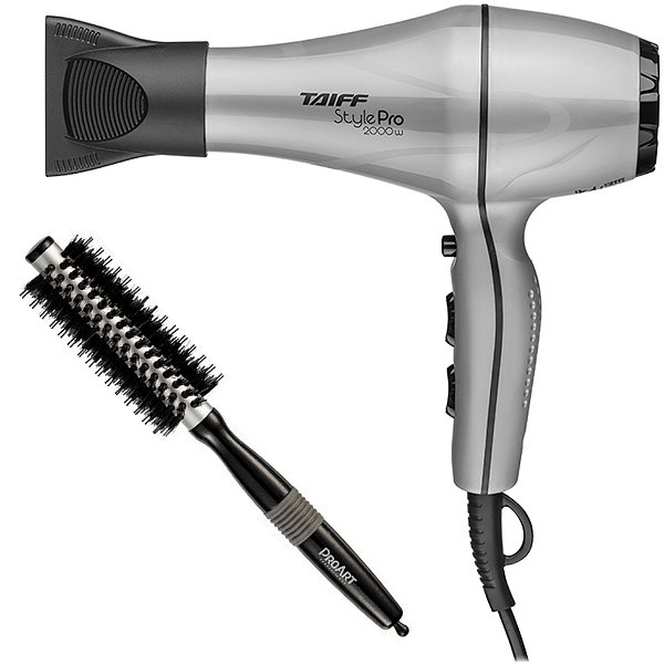 KIT - SECADOR TAIFF STYLE PRATA PRO 2000W 127V + PROART ESCOVA METALICA PRO PRATA 15MM EPM10B