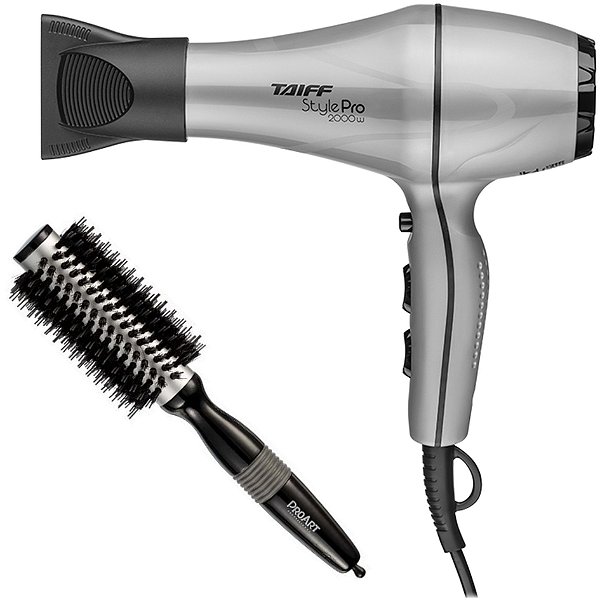 KIT - SECADOR TAIFF STYLE PRATA PRO 2000W 220V + PROART ESCOVA METALICA PRO PRATA 25MM EPM11B