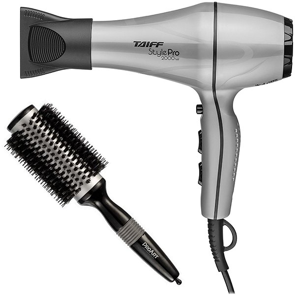 KIT - SECADOR TAIFF STYLE PRATA PRO 2000W 220V + PROART ESCOVA METALICA PRO PRATA 38MM EPM12B