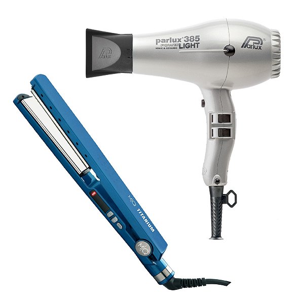 KIT PROFISSIONAL - SECADOR PARLUX 385 POWER LIGHT PRATA 2100W 127V + PRANCHA MQ TITANIUM BLUE 232ºC