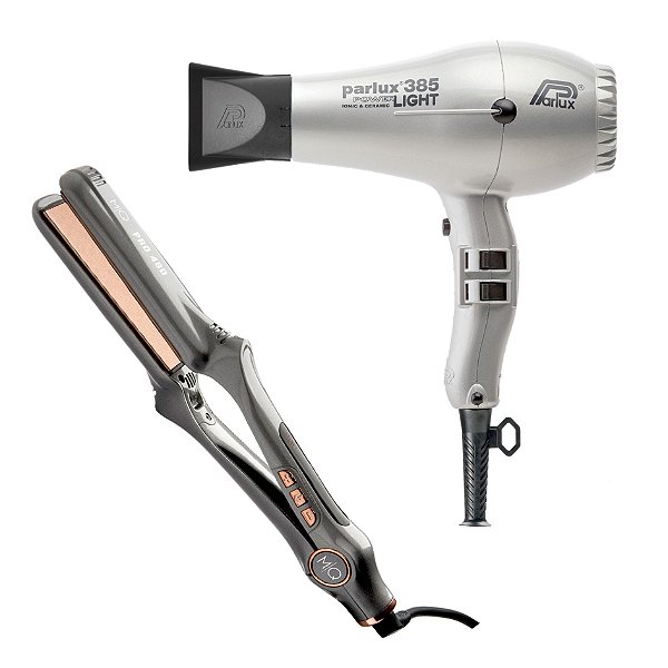 KIT PROFISSIONAL - SECADOR PARLUX 385 POWER LIGHT PRATA 2100W 127V + PRANCHA MQ PRO 480 480°F /250°C