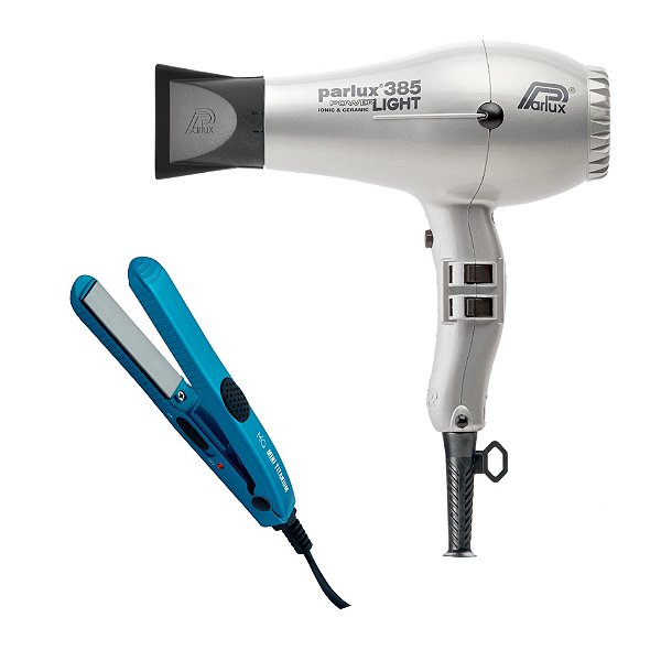 KIT PROFISSIONAL SECADOR PARLUX 385 POWER LIGHT PRATA 2100W 127V + PRANCHA MINI TITANIUM BLUE 204ºC