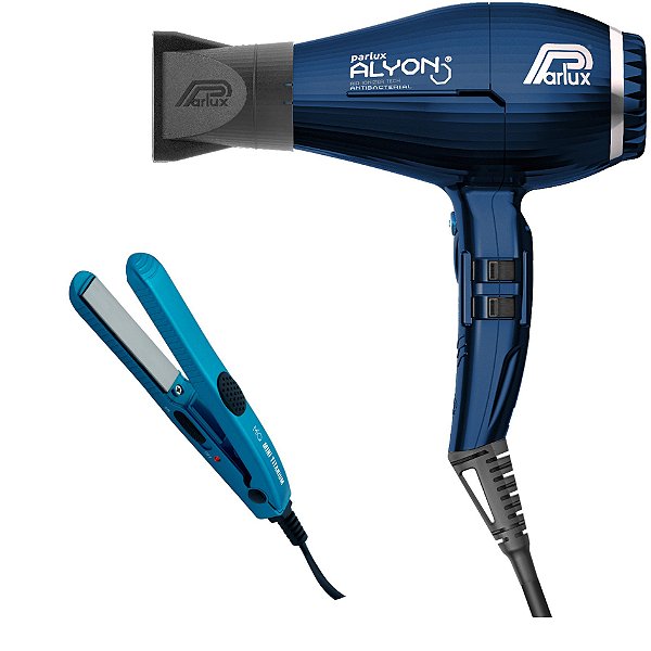 KIT - SECADOR PARLUX ALYON NIGHT BLUE 2250W 220V + PRANCHA MQ MINI TITANIUM BLUE 400°F / 204°C BIV