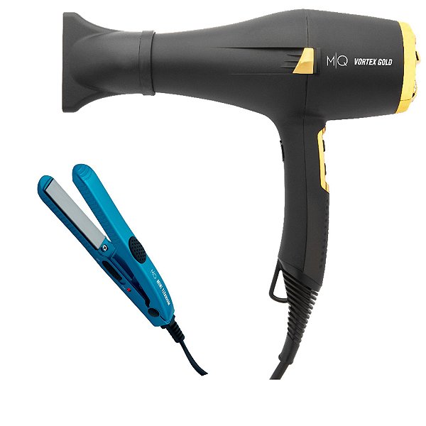 KIT MQ - SECADOR DE CABELO PROFISSIONAL VORTEX GOLD 2200W 127V + PRANCHA MINI TITANIUM BLUE 204ºC