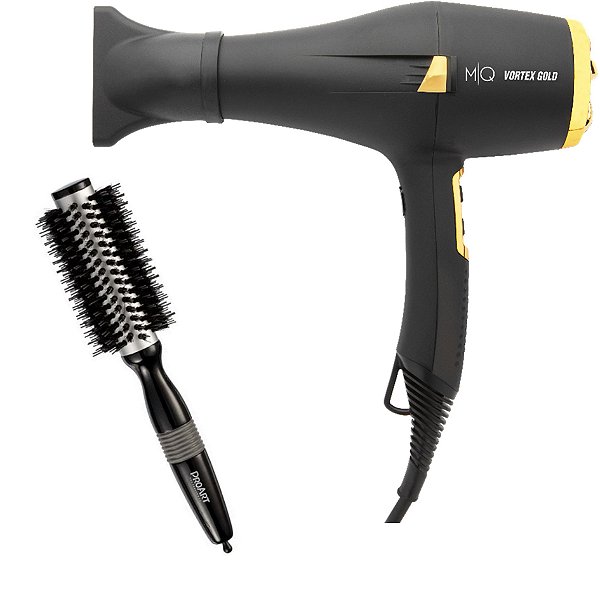SECADOR DE CABELO PROF. MQ VORTEX GOLD 2200W 127V + PROART ESCOVA METALICA PRO PRATA 25MM EPM11B
