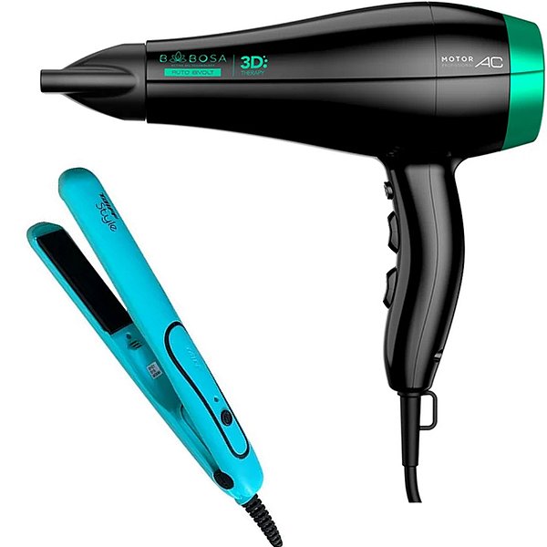 KIT BIVOLT - SECADOR GAMA BABOSA 3D THERAPY ULTRA ION 2200W + PRANCHA TAIFF STYLE AZUL TIFFANY 210ºC