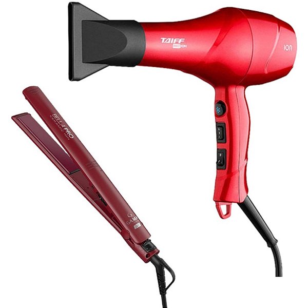 KIT - SECADOR PROFISSIONAL TAIFF RED ION 1900W 220V + PRANCHA ELEGANCE BELLA PRO CERAMIC ION 220ºC