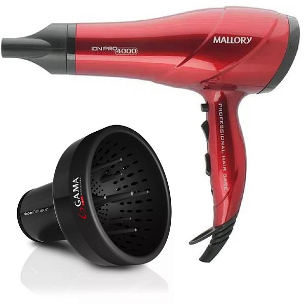 KIT - SECADOR MALLORY ION PRO 4000 2000W VERMELHO BIVOLT + DIFUSOR DE AR UNIVERSAL GAMA
