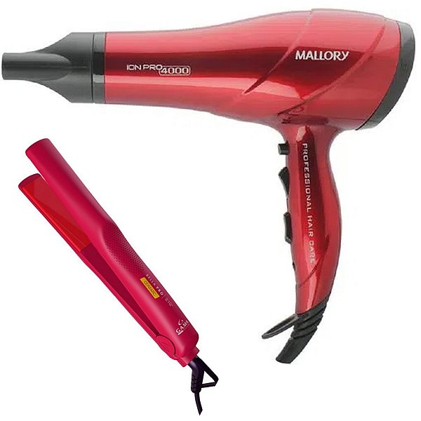 KIT BIVOLT - SECADOR MALLORY ION PRO 4000 2000W VERMELHO + PRACHA GAMA BELLA PRO CERAMIC 210ºC