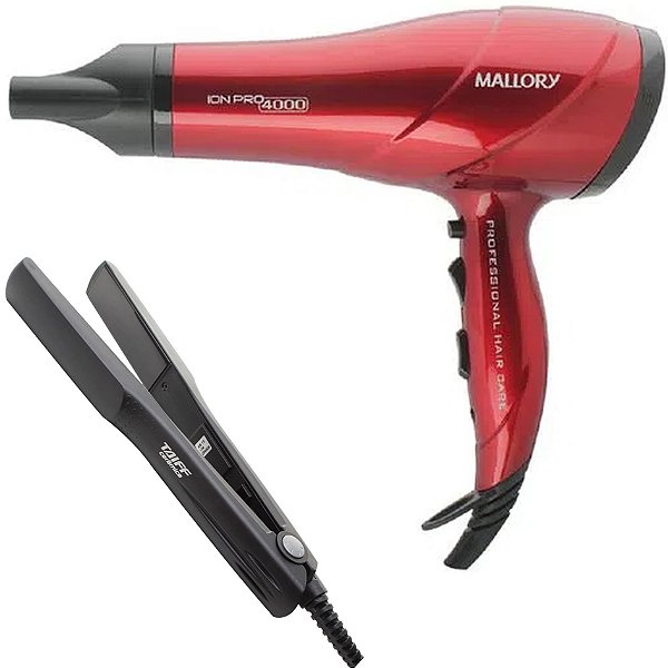 KIT BIVOLT - SECADOR MALLORY ION PRO 4000 2000W VERMELHO + PRACHA TAIFF CERAMICA 180ºC