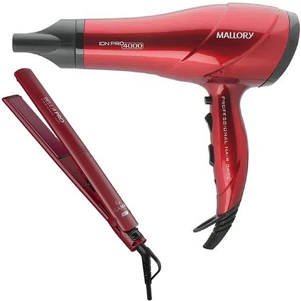 KIT BIV - SECADOR MALLORY ION PRO 4000 2000W VERM + PRACHA GAMA ELEGANCE BELLA PRO CERAMIC ION 220ºC