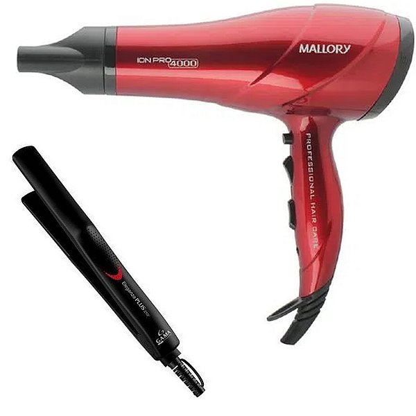 KIT BIVOLT - SECADOR MALLORY ION PRO 4000 2000W VERMELHO + PRACHA GAMA ELEGANZA PLUS 210ºC