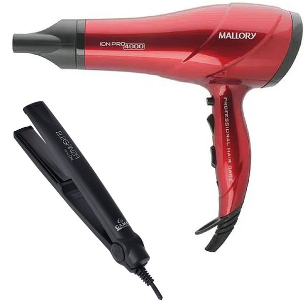 KIT BIVOLT - SECADOR MALLORY ION PRO 4000 2000W VERMELHO + PRACHA GAMA ELEGANZA INFINITY ONE 210ºC