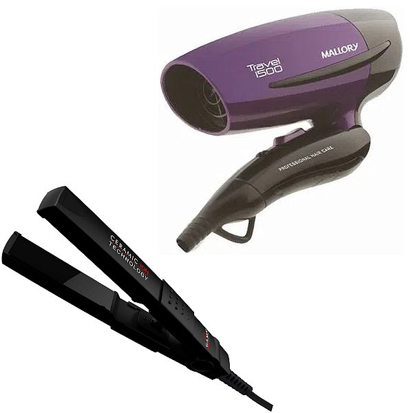 KIT BIVOLT - SECADOR DE CABELO MALLORY TRAVEL 1500 1250W + PRANCHA GAMA MINI CERAMIC ION 200°C