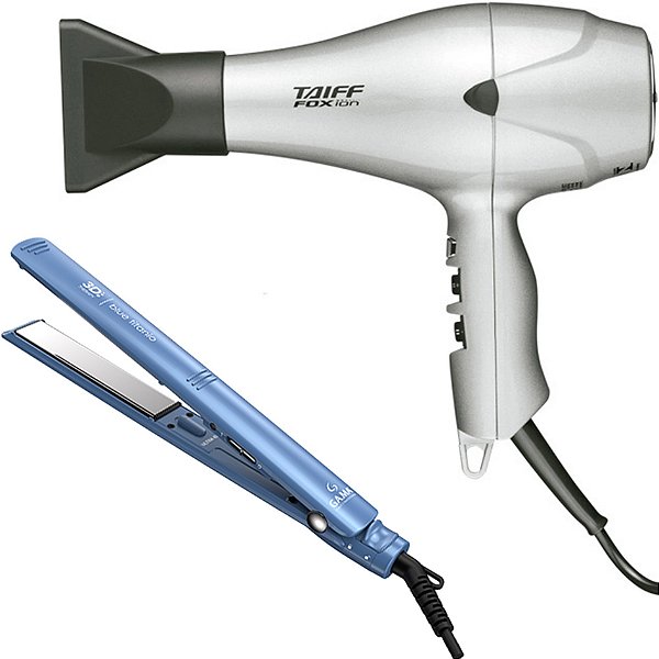 KIT PROFISSIONAL - SECADOR TAIFF FOX ION PRATA 2000W 127V + PRANCHA GAMA ELEGANCE BLUE TITANIO 230ºC