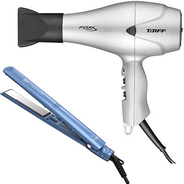 KIT - SECADOR PROF. TAIFF FOX ION S PRATA 2100W 127V + PRANCHA PROF GAMA ELEGANCE BLUE TITANIO 230ºC
