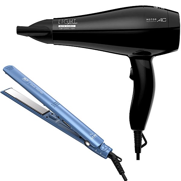 KIT GAMA BIVOLT - SECADOR LIGHT PLUS CERAMIC ION 2000W + PRANCHA PROF. ELEGANCE BLUE TITANIO 230ºC