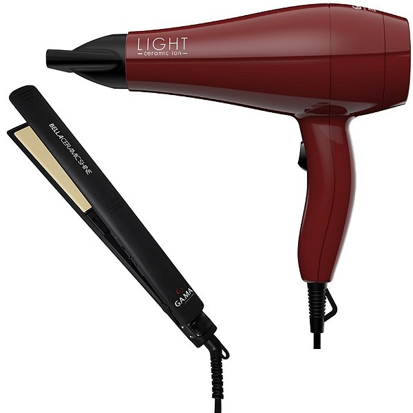 KIT GAMA - SECADOR LIGHT CERAMIC ION 2000W 127V + PRANCHA ELEGANCE BELLA CERAMIC SHINE BLISTER 230ºC