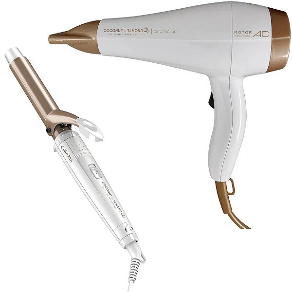 KIT GAMA COCONUT E ALMONDS - SECADOR CERAMIC ION 2000W 127V + MODELADOR CERAMIC NANO 1 25MM 220ºC