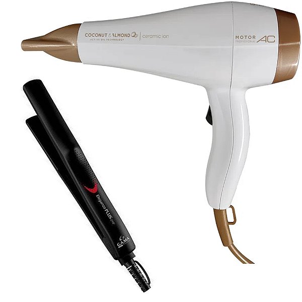 KIT GAMA - SECADOR COCONUT E ALMONDS CERAMIC ION 2000W 127V + PRANCHA ELEGANZA PLUS 210ºC