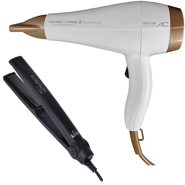 KIT GAMA - SECADOR COCONUT E ALMONDS CERAMIC ION 2000W 127V + PRANCHA ELEGANZA INFINITY ONE 220ºC