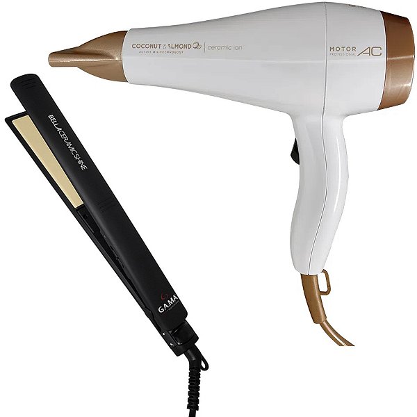 KIT GAMA CERAMIC - SECADOR COCONUT E ALMONDS ION 2000W 127V + PRANCHA ELEG. BELLA SHINE BLISTER 230º