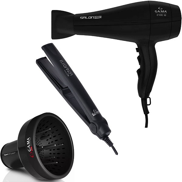 KIT GAMA - SECADOR SALON PRO ION 3D 2100W 127V + PRANCHA ELEGANZA INFINITY ONE 220ºC + DIFUSOR DE AR