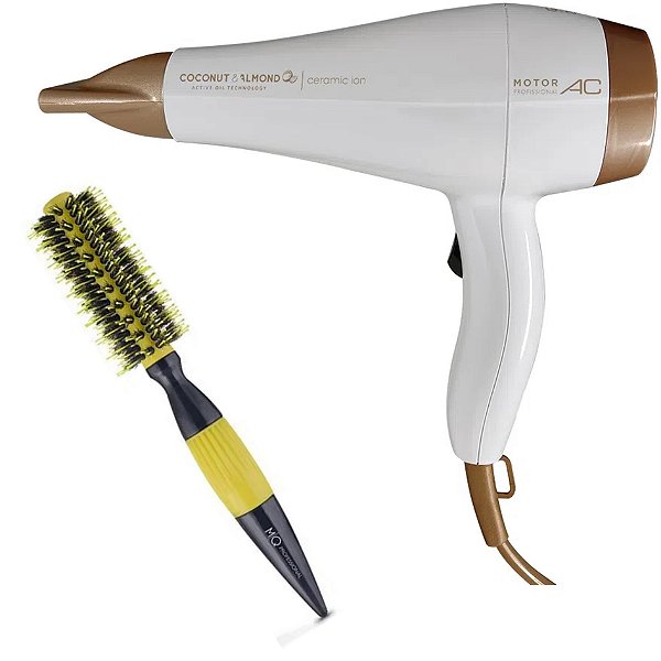 KIT - SECADOR GAMA COCONUT E ALMONDS CERAMIC ION 2000W 127V + ESCOVA MQ CERDAS MISTAS 1795 19MM