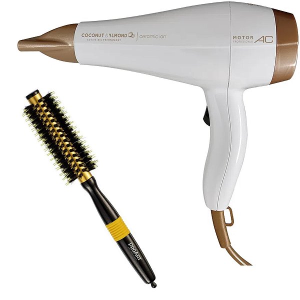 KIT - SECADOR GAMA COCONUT E ALMONDS CERAMIC ION 2000W 127V + ESCOVA PROART PRO AMARELA 15MM EPM13