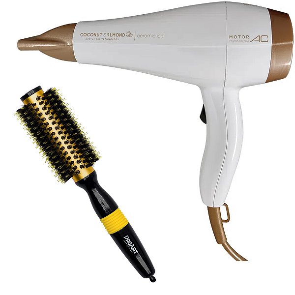KIT - SECADOR GAMA COCONUT E ALMONDS CERAMIC ION 2000W 127V + ESCOVA PROART PRO AMARELA 25MM EPM14