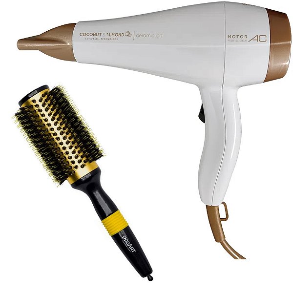 KIT - SECADOR GAMA COCONUT E ALMONDS CERAMIC ION 2000W 127V + ESCOVA PROART PRO AMARELA 38MM EPM15