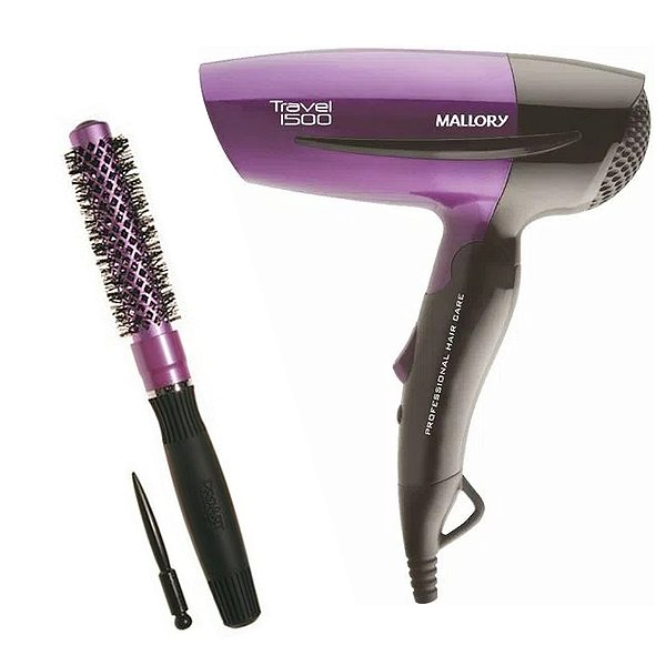 KIT - SECADOR MALLORY TRAVEL 1500 1250W BV + ESCOVA PROART COLORS ROXA - KP-20