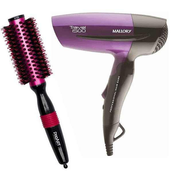 KIT - SECADOR MALLORY TRAVEL 1500 1250W BV + ESCOVA PROART METALLIC PRO ROSA 25MM - EPM05 'M'