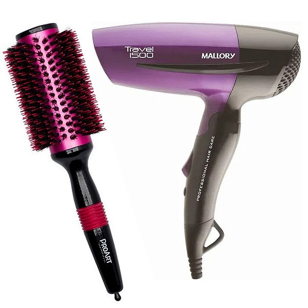 KIT - SECADOR MALLORY TRAVEL 1500 1250W BV + ESCOVA PROART METALLIC PRO ROSA 38MM - EPM06 'G'