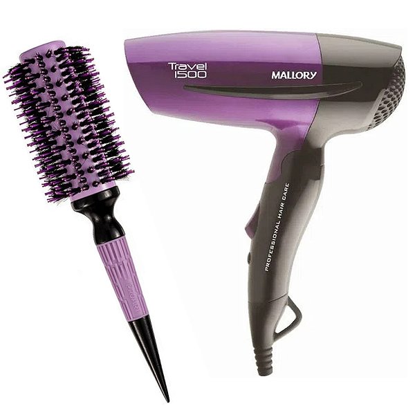KIT - SECADOR MALLORY TRAVEL 1500 1250W BV + ESCOVA PROART CERAMIC EXPERT PRO 28MM LAVAND ECP08B 'M'