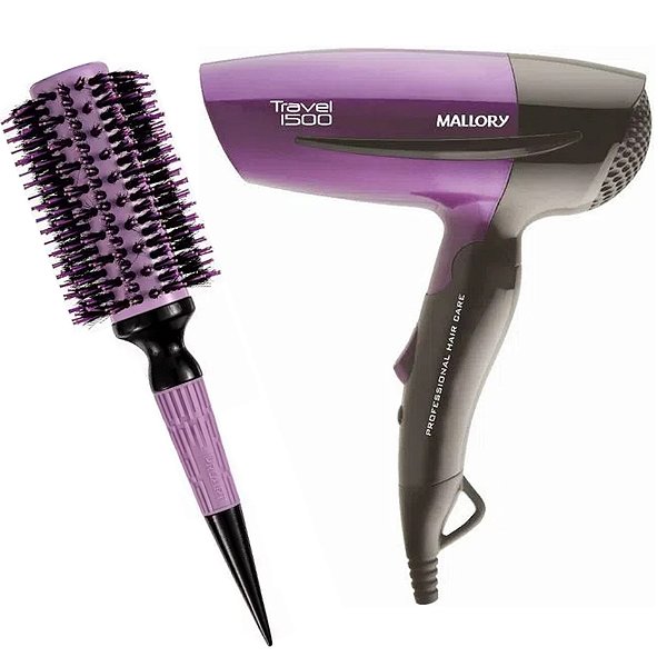 KIT - SECADOR MALLORY TRAVEL 1500 1250W BV + ESCOVA PROART CERAMIC EXPERT PRO 33MM LAVAND ECP09B 'G'