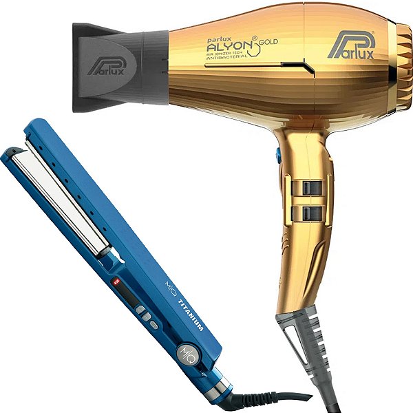 KIT - SECADOR PROFISSONAL PARLUX ALYON ION GOLD 2250W 220V + PRANCHA  MQ TITANIUM BLUE 450°F / 232°C