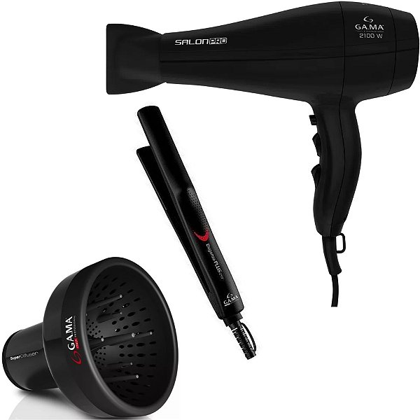 KIT GAMA - SECADOR SALON PRO ION 3D 2100W 220V + PRANCHA ELEGANZA PLUS 210ºC + DIFUSOR DE AR
