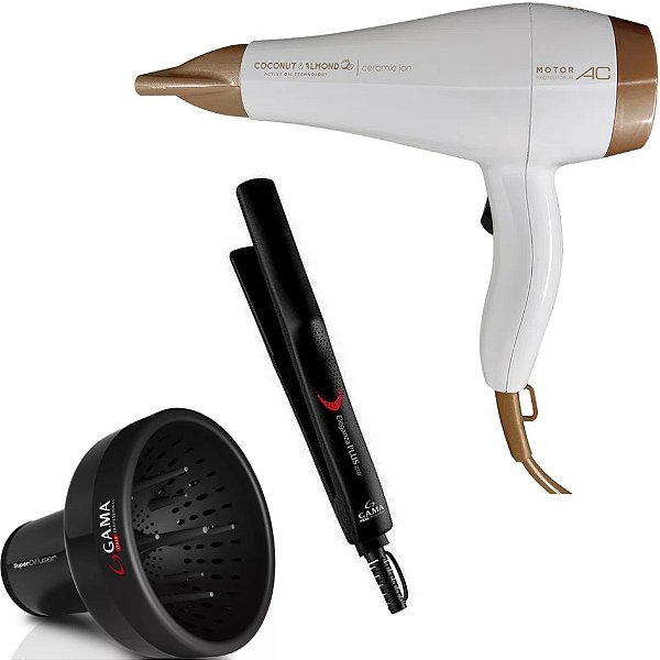 KIT GAMA - SECADOR COCONUT E ALMONDS CERAMIC ION 2000W 127V + PRANCHA ELEGANZA PLUS 210ºC + DIFUSOR