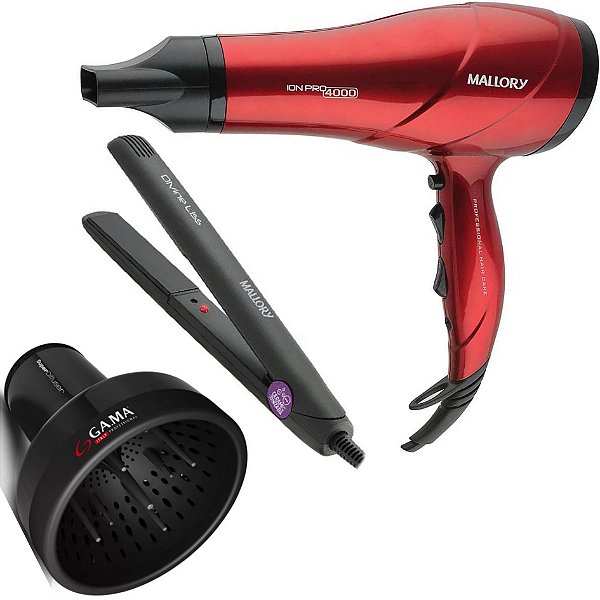 KIT MALLORY BIVOLT - SECADOR ION PRO 4000 2000W + PRACHA DIVINE LISS 200ºC + DIFUSOR DE AR UNIVERSAL