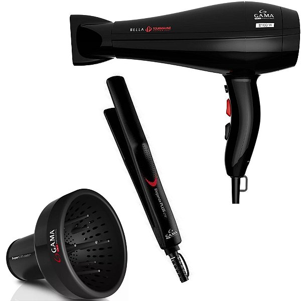 KIT GAMA - SECADOR BELLA TOURMALINE 2100W 127V + PRANCHA ELEGANZA PLUS 210ºC + DIFUSOR DE AR